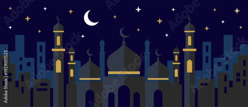 Ramadan Iftar Celebration Scene with Mosque Silhouette at Night
