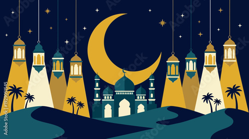Ramadan Iftar Celebration with Mosque and Crescent Moon
