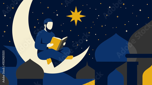 Ramadan Iftar Celebration with Person Reading Quran Beneath Night Sky