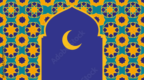 Ramadan Iftar Night Scene with Crescent Moon and Islamic Arch