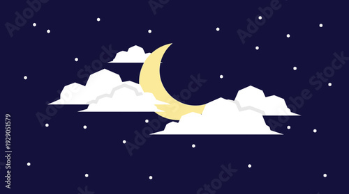 Ramadan Iftar Night Sky with Crescent Moon and Clouds