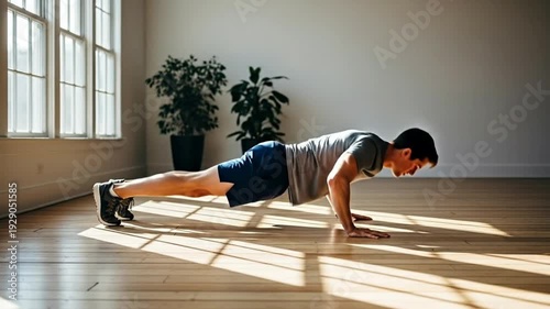 A man performing push-ups in a sunlit indoor space.