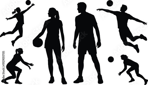Volleyball players silhouettes action poses isolated on white background, male and female athletes jumping, serving, blocking, sports teamwork concept illustration