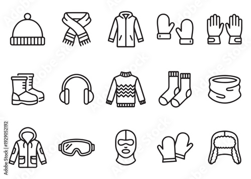 Winter clothes and accessories icons including warm hat scarf jacket and gloves