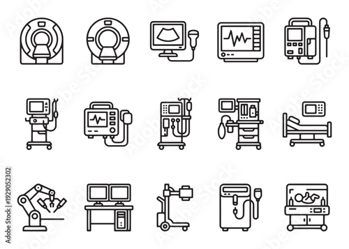 Medical diagnostic equipment line icons set healthcare technology and patient care