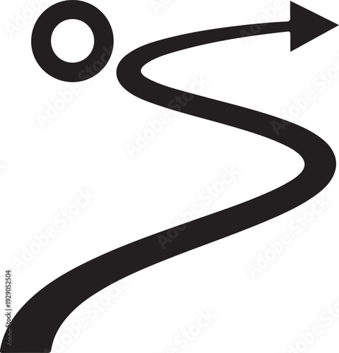 Curved arrow path from circle dot pointing right, directional line with arrowhead
