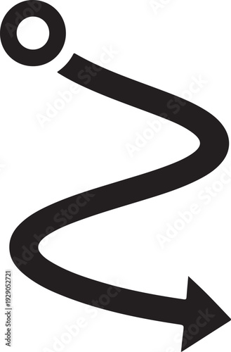 Curved arrow path from circle dot pointing right, directional line with arrowhead