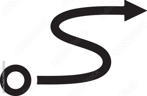 Curved arrow path from circle dot pointing right, directional line with arrowhead