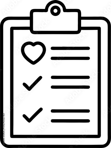 Minimal wedding planner clipboard with checklist and heart symbol, simple line art vector icon, black and white, clean outline, white background, 