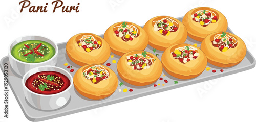 Indian Pani Puri Street Food Platter with Spicy Mint and Tamarind Chutney Traditional Snack Vector Illustration