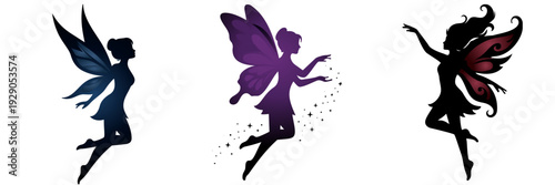 Fairy set with three colorful silhouettes on white background  