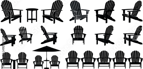 Adirondack Chair Silhouette Collection Outdoor Wooden Patio Seating Summer Relaxation Vector Icon Set