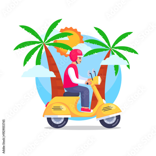 Man Riding Yellow Scooter on Tropical Beach Illustration