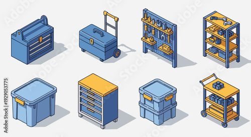 Collection of blue and yellow storage units.