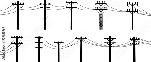 Flat Vector Illustration of Utility Poles Telephone Towers and Power Lines Energy Infrastructure Silhouette Collection
