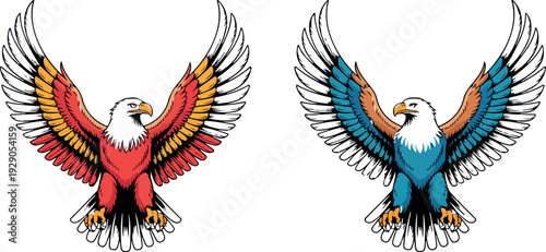 Colorful Eagle with Wings Spread in Symmetrical Frontal View Detailed Feathered Bird Vector Illustration Design