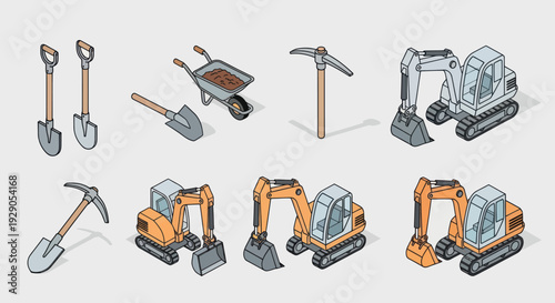 Excavators and Construction Equipment Icons Set.