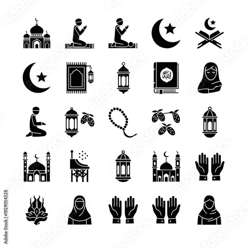 Islamic prayer and Ramadan worship icon set featuring mosque, praying muslim, Quran, tasbih, lantern and crescent symbols. Solid black silhouette collection for app, website and religious design.