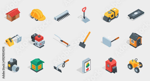 Construction Equipment and Tools Set Isometric Icons.