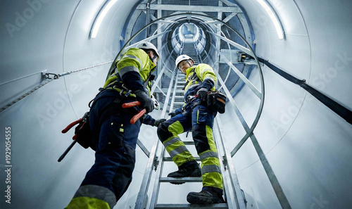 Maintenance Engineers Climbing Ladder Inside Wind Turbine Tower