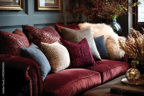 Richly upholstered seating arrangement displays an assortment of textured decorative cushions and warm textiles