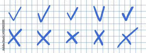 Check mark doodle icon set. Checkmarks and confirm. Ok, yes sign for agreement, done. tick. Cross signs for checkbox, checklist, v in sketch.