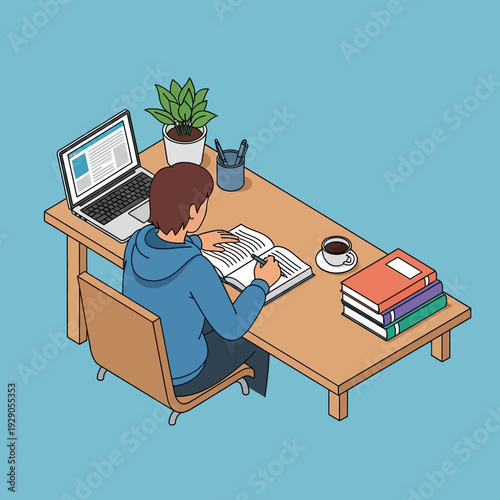 Man working at desk with laptop and books.