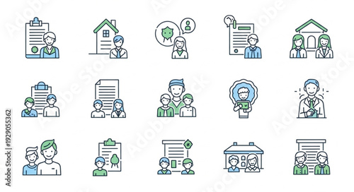 Collection of Business and Finance Icons with People and Documents.