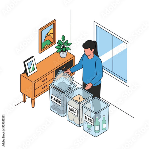 Woman sorting waste into recycling bins at home.