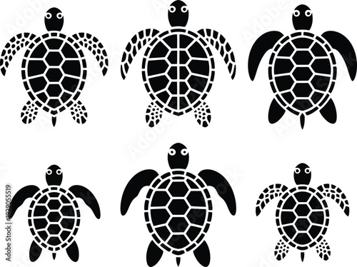 Simple black and white illustration of six sea turtles in various poses on a white background, ideal for marine life and conservation themes.