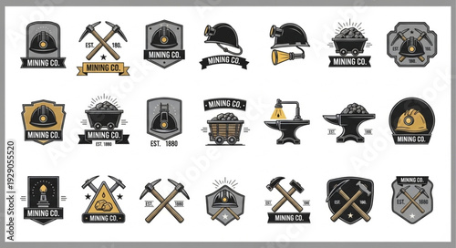 Vintage mining emblems and badges set with crossed pickaxes and shovels.