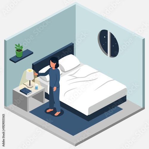 Woman in blue pajamas standing beside bed in a serene bedroom at night.