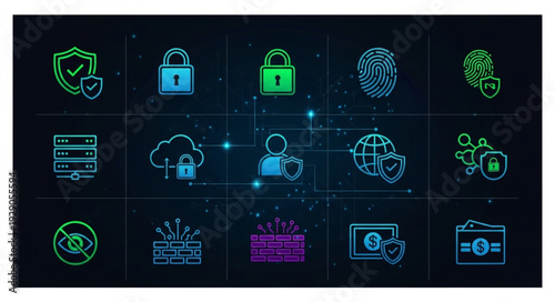 Cybersecurity and data protection concept with digital security icons.