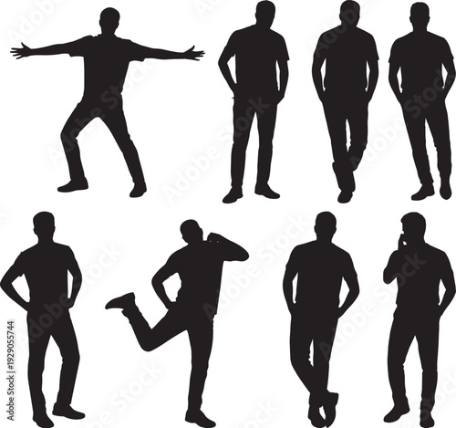 Set of men standing in casual poses and traveling silhouettes isolated on white.