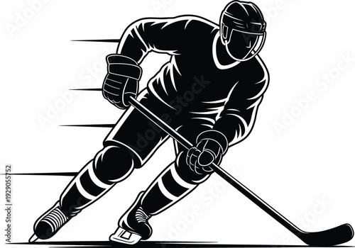 Dynamic hockey player in action, skating with stick, embodying intensity and speed with a bold black and white design.