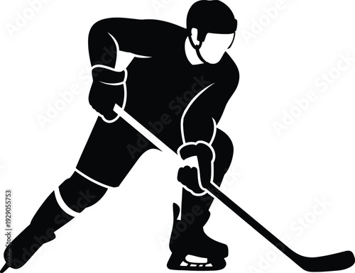 Hockey player in action on ice skating with hockey stick in a dynamic pose