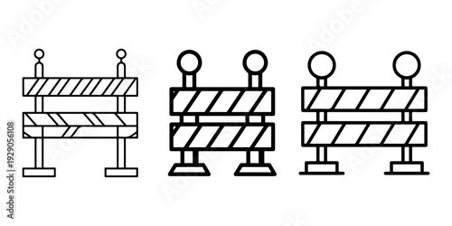 Road barrier line icon set showing construction site safety equipment with striped warning signs and blinking lights for maintenance work traffic control