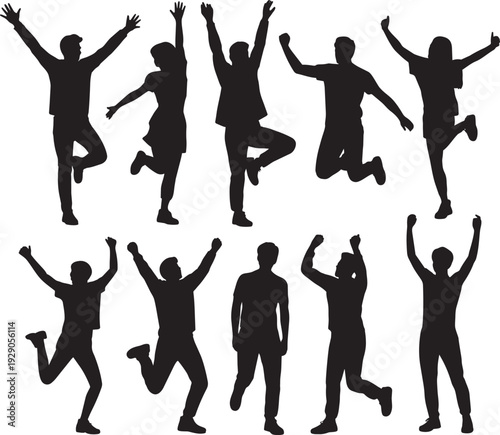 Jumping People Silhouettes Set in Joyful Celebration Poses Vector