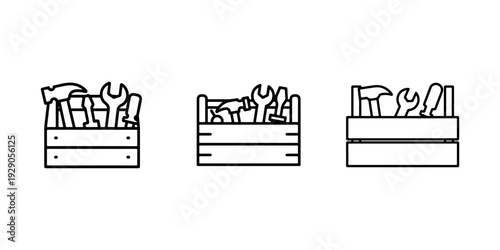 Three tool box illustrations filled with various hand tools, representing repair and construction work equipment