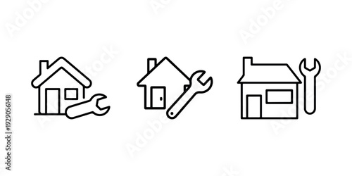 House and wrench icon set depicting home repair property maintenance renovation service real estate improvement building fix and professional construction
