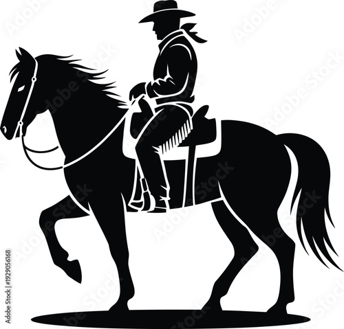 Silhouette of cowboy riding a horse with flowing mane and tail symbolizing western culture and freedom.