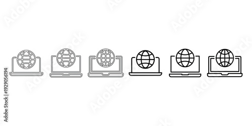 Global network laptop line icon set showing world globe on computer screen representing international connectivity and worldwide web browsing services