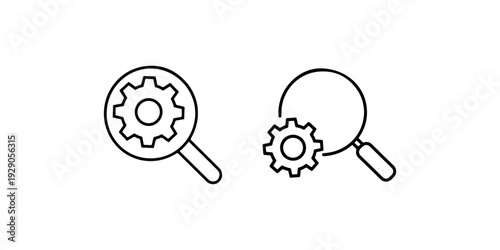 Technical support and configuration icons showing magnifying glass with gear cog wheel symbol for system settings diagnostic check or repair optimization