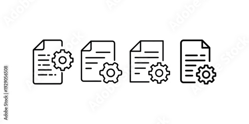 Document management system icon set with file page and gear cogwheel symbols for data processing and administrative configuration vector line graphics