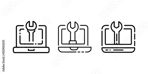 Computer repair service icon collection with laptop screen and wrench tool symbols for technical support and maintenance assistance vector illustration