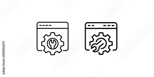 Two simple outline vector icons of a browser window with a gear and a wrench, representing website settings or online technical support