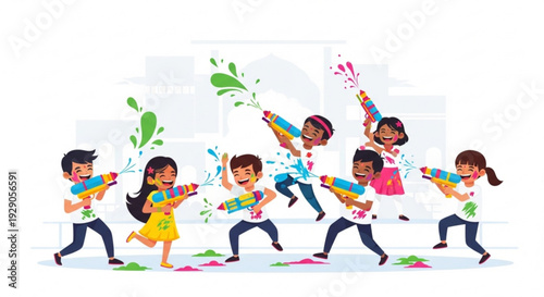 Children playing with colorful water guns on a sunny day splashing paint and having fun outdoors in a vibrant and lively atmosphere with friends
