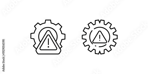 Two black line art icons featuring gears and warning triangles with exclamation marks, symbolizing caution in mechanical systems and industrial processes