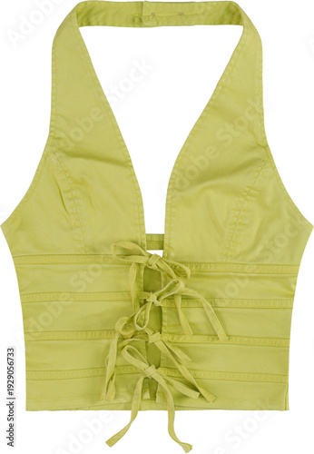 Photos A stylish pale yellow vest top with a unique tie design and a round neckline iso