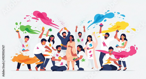 Diverse group of people celebrating holi festival with colorful powder and paint splashes